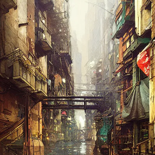 Prompt: fishy view of new york alley by greg rutkowski and alphonse mucha