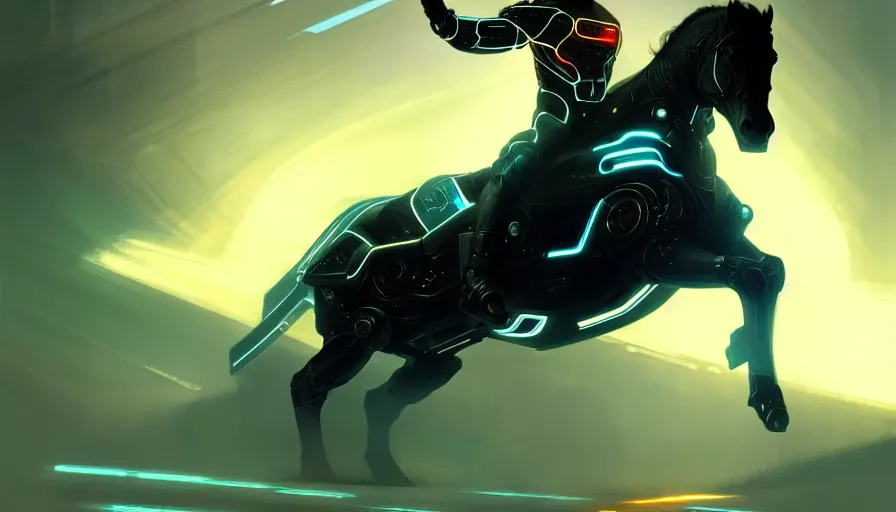 Image similar to tron legacy jesus riding cyborg horse, face, diffuse lighting, hyper realistic, concept art, intricate, hyper detailed, smooth, sharp focus, illustration, trending on artstation, art by greg rutkowski and james gurney and alphonse mucha