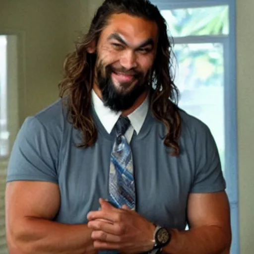 Image similar to a still image of jason momoa as mr. rogers