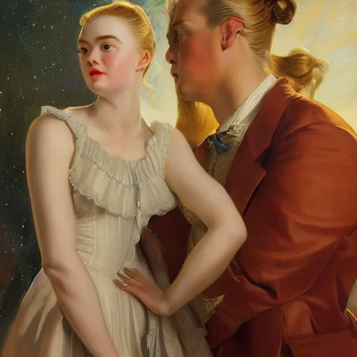 Image similar to leyendecker and peter paul rubens, head and shoulders portrait of a elle fanning, nighttime, dream boat, starry sky, unreal engine, fantasy art by global illumination, radiant light, detailed and intricate environment