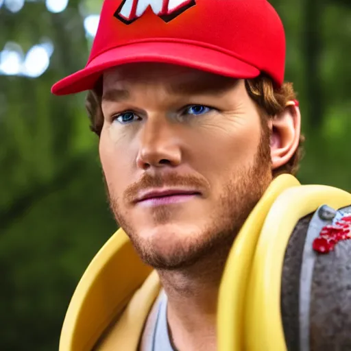 Image similar to Chris pratt as live action mario, mario hat, 4k headshot photography