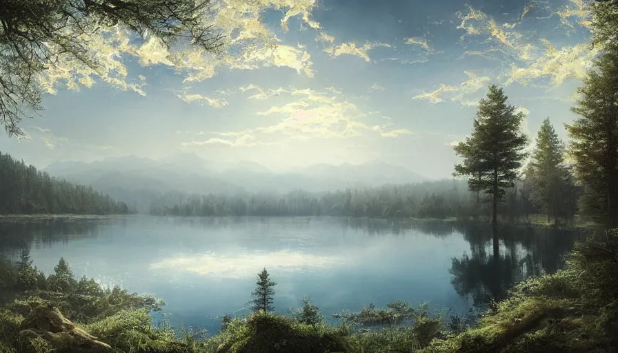 Image similar to portrait of a large lake surrounded by pine forest, highly detailed, sunny, blue sky, cinematic lighting, highly angle, godrays, volumetric, photorealistic, digital art painting by greg rutkowski