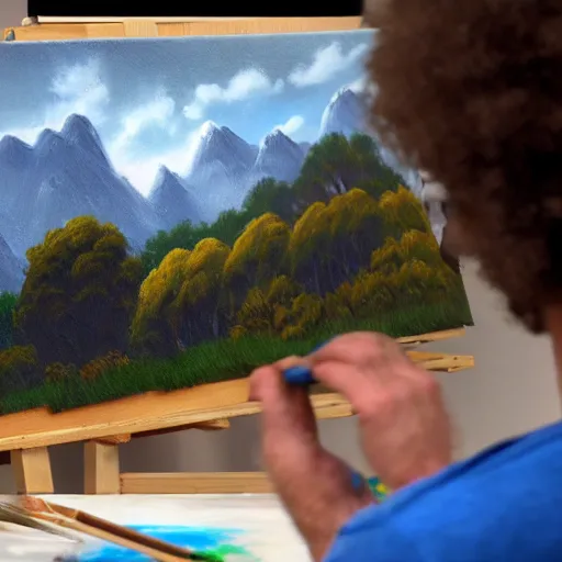 Image similar to a closeup photorealistic photograph of bob ross working on a canvas painting of cookie monster. film still. brightly lit scene. mountains and trees. this 4 k hd image is trending on artstation, featured on behance, well - rendered, extra crisp, features intricate detail, epic composition and the style of unreal engine.