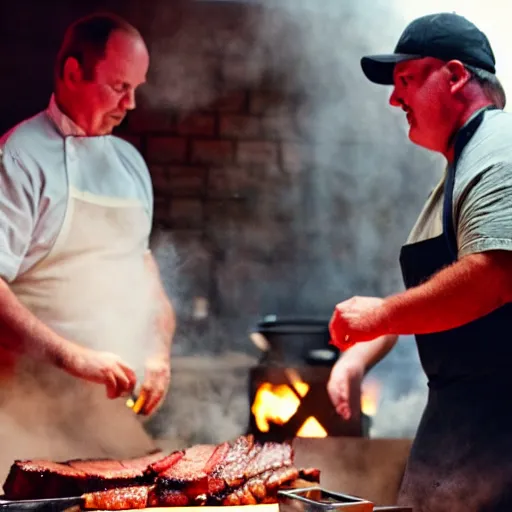 Image similar to rick and porky cooking a brisket, filmic, cinematographic