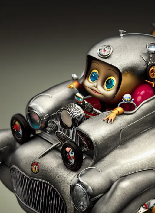 Prompt: highly detailed closeup portrait of a cute tin toy retro racing car, nicoletta ceccoli, mark ryden, lostfish, earl nore, hyung tae, frank frazetta, global illumination, god rays, detailed and intricate environment