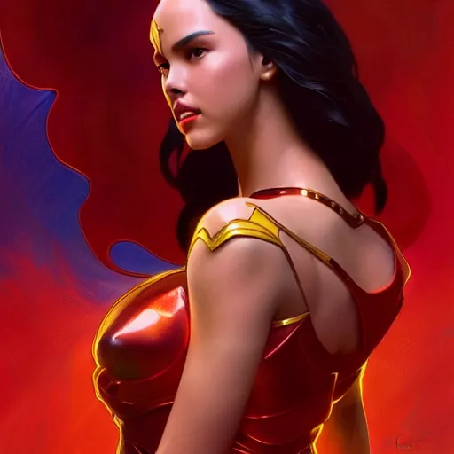 Image similar to catriona gray as darna, volumetric lights, red and cyan theme, art nouveau botanicals, intricate, highly detailed, digital painting, artstation, concept art, smooth, sharp focus, cinematic, illustration, beautiful face, art by artgerm and greg rutkowski and alphonse mucha