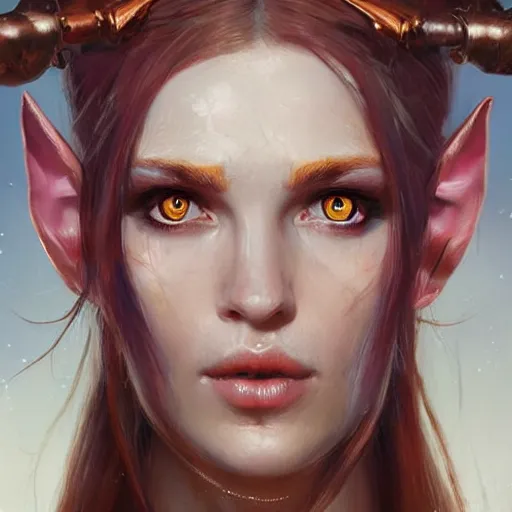 Prompt: A head-on detailed oil fantasy portrait of a pretty elf woman with subtle copper horns, long blonde hair and bright copper irises, by greg rutkowski, trending on artstation, dungeon and dragons art