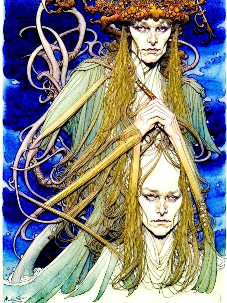 Image similar to a beautiful and very detailed character concept watercolour portrait painting by alan lee, rebecca guay, michael kaluta, charles vess and jean moebius giraud of a sanna marin, the prime minister of finland as a druidic wizard