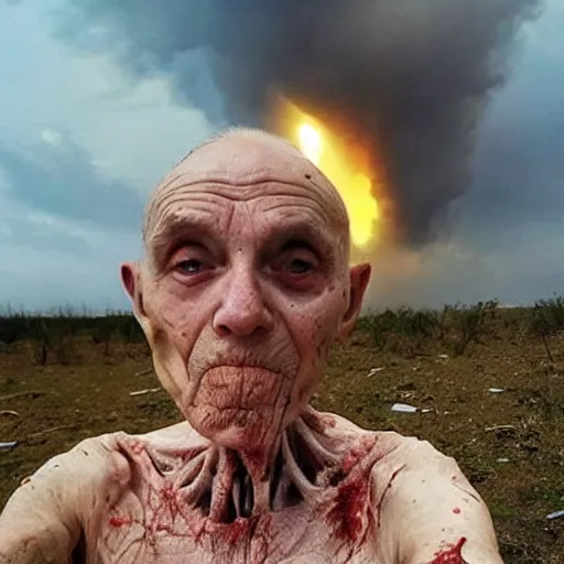 Image similar to last selfie of last alive ukrainian very damaged body to bones running from nuclear explosion, dead bodies everywhere, 2 0 2 2