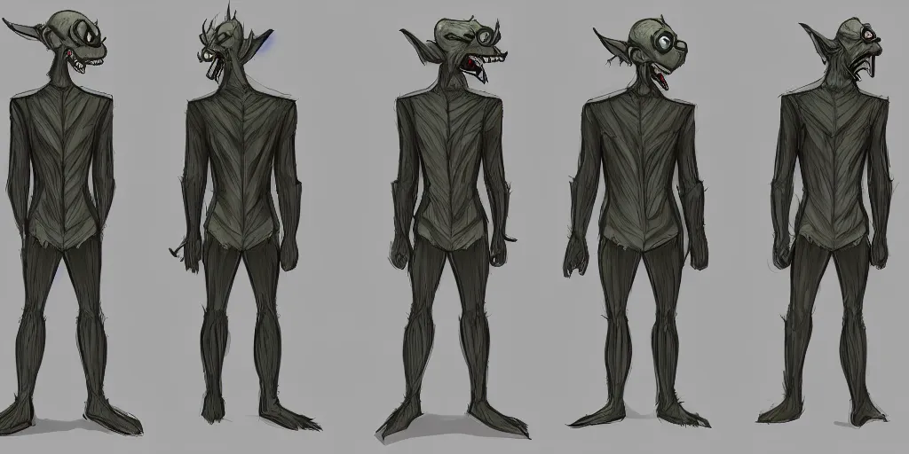 Image similar to Full body goblin, ripped suit, grinning, smile, concept sheet