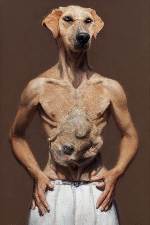 Prompt: characteristic of cynocephaly of dog head man, woolen torso in medieval clothes, oil painting, hyperrealism, beautiful, high resolution, trending on artstation,