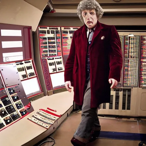 Image similar to Tom Baker as as the Doctor in his burgundy costume in the Tardis secondary control room