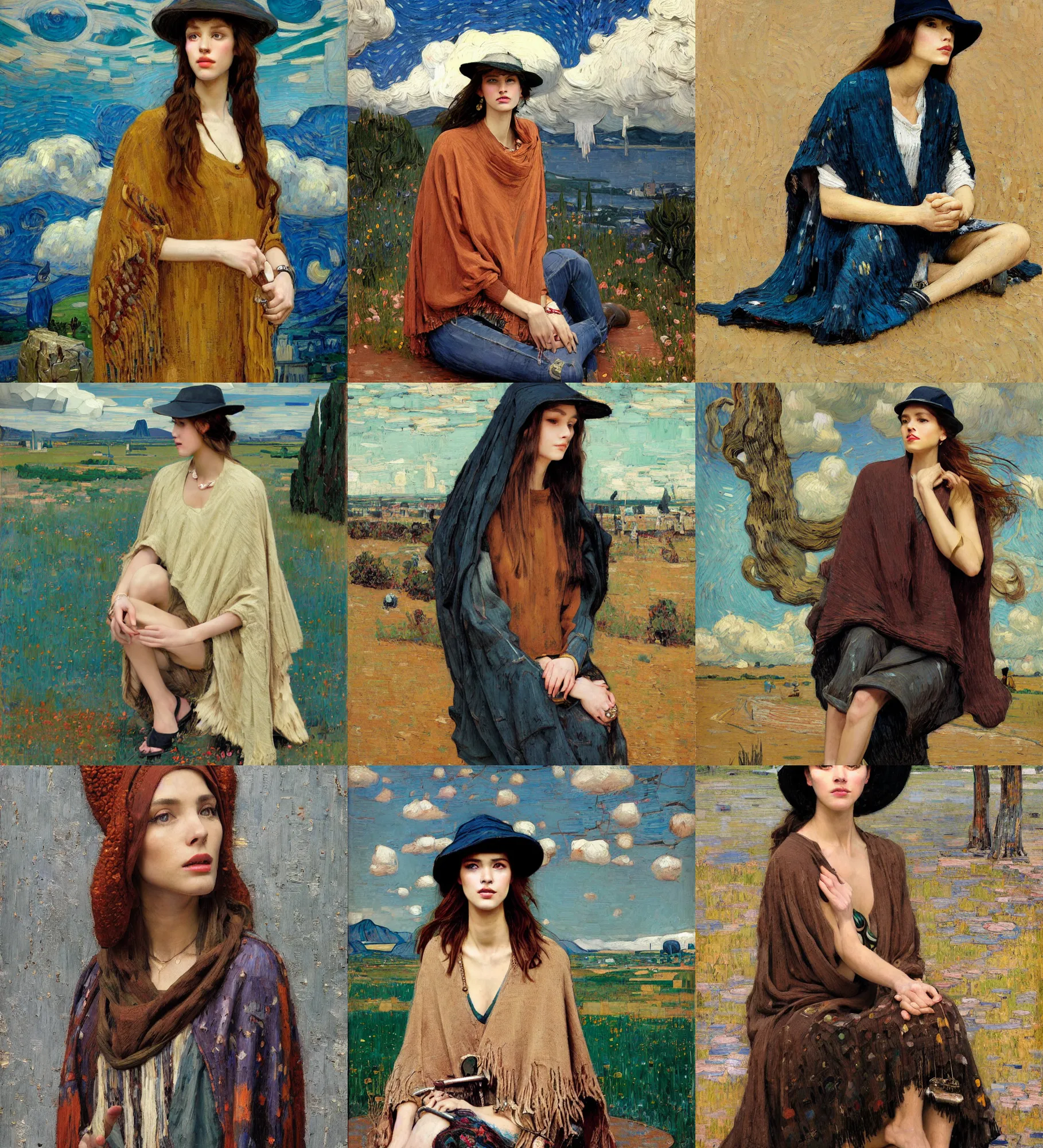 Prompt: portrait of fashionable young woman wearing rich jewerly hat and boho poncho into concrete hitech interior, sitting dynamic pose, Low poly, thunder clouds in the sky, artwork by john william waterhouse and Denis Sarazhin and klimt and rhads and van gogh and Dean Ellis and Detmold Charles Maurice, levitation, industrial rusty pipes, simple form, brutal shapes