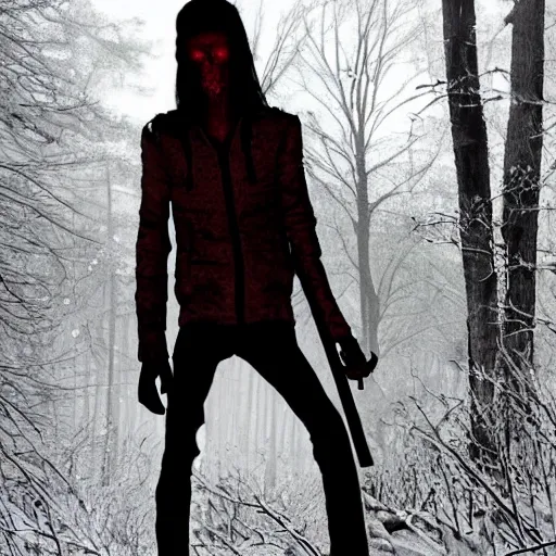 Image similar to blood soaked skinwalker, lanky, skinny, pale skin, snow, forest, dark, horrifying