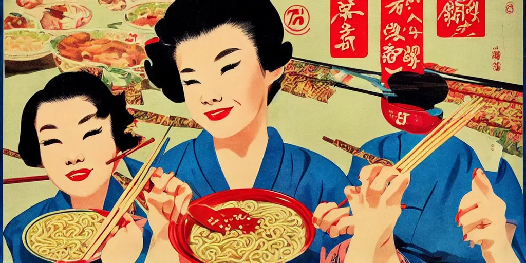 Prompt: 2 beautiful women holding chopsticks and eating a bowl of ramen, 1950s poster art