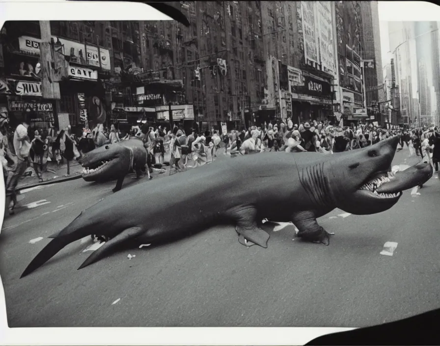 Prompt: a single huge shark with the legs of a hippo charging towards us down a new york city street, panic, people running, rioting, colour polaroid photo, 1980s