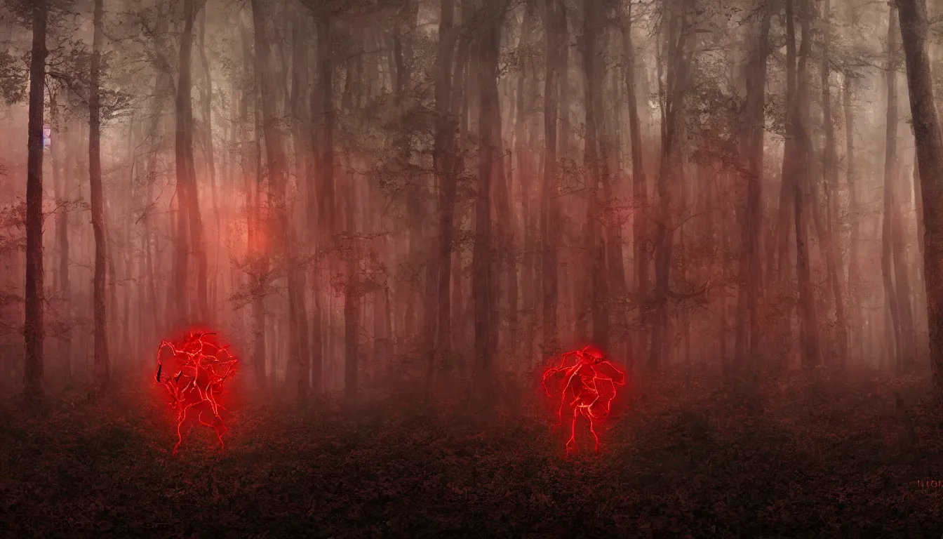 Prompt: A creature inspired by Stranger Things, in a forest, at night, red stormy sky, red lightning, horror, in a parallel dimension, realistic image, octane render, unreal engine 5, photograph by Joshua Hoffine,