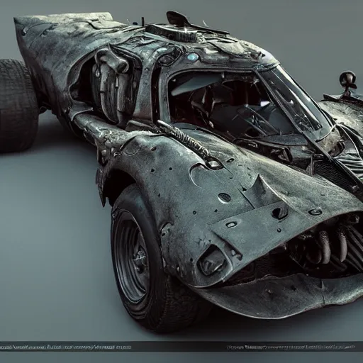 Image similar to the batmobile in mad max, au naturel, hyper detailed, digital art, trending in artstation, cinematic lighting, studio quality, smooth render, unreal engine 5 rendered, octane rendered, art style by klimt and nixeu and ian sprigger and wlop and krenz cushart