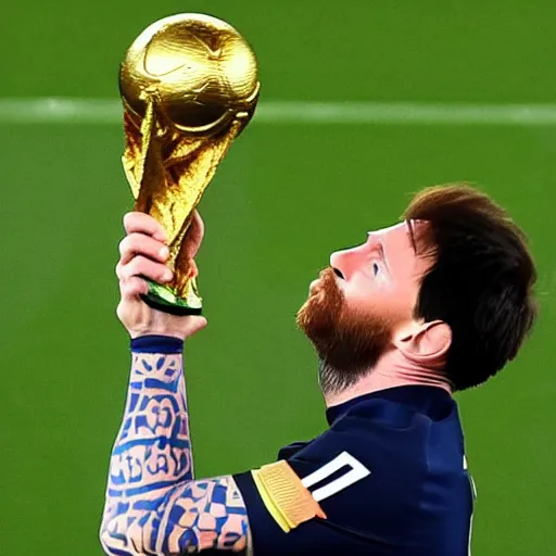 Prompt: messi kissing the soccer world cup trophy