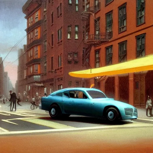 Image similar to copper colored sport car racing through a street in nyc, painted by, mc escher, gordon onslow ford, georgia o'keeffe and ivan aivazovsky, cinematic light, god rays, colourful, unreal engine.