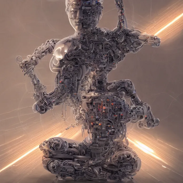 Image similar to Meditating cyborg with many cybernetic implants and wiring and a portable fusion reactor instead of a heart, sitting in a lotus pose, slightly smiling, techno-optimism, utopia, sci-fi, hyperrealist, centered, wide angle shot, sharp focus, detailed, intricate, 4k UHD, creative lighting, digital painting by Greg Rutkowski, face by artgerm, digital art, trending on artstation, top post of all time on /r/transhumanism subreddit