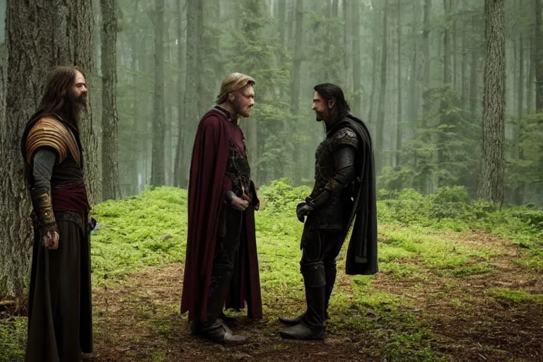 Prompt: still from a fantasy movie, a warlock discussing with another man, forest in the background, muted colors, 8 k, cinematic, very detailed face, hyperrealistic, movie still frame, promotional image, imax 7 0 mm footage