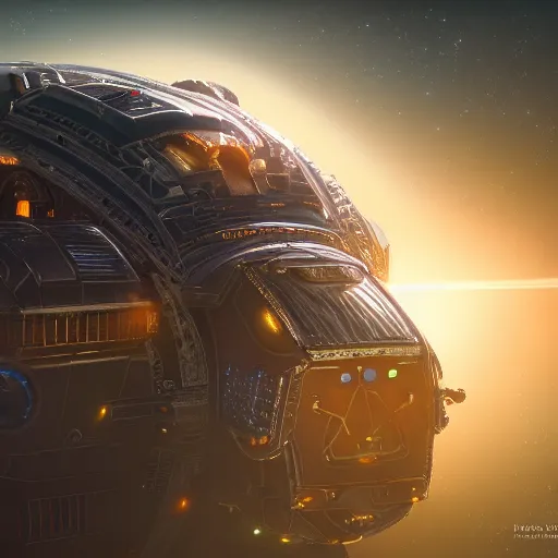 Prompt: colossal dream bot mothership in outer space beam of light downwards, golden hour, intricate details, sharp focus, digital art, hyper realistic, 4 k, unreal engine, highly detailed, hd, dramatic lighting by brom, trending on artstation