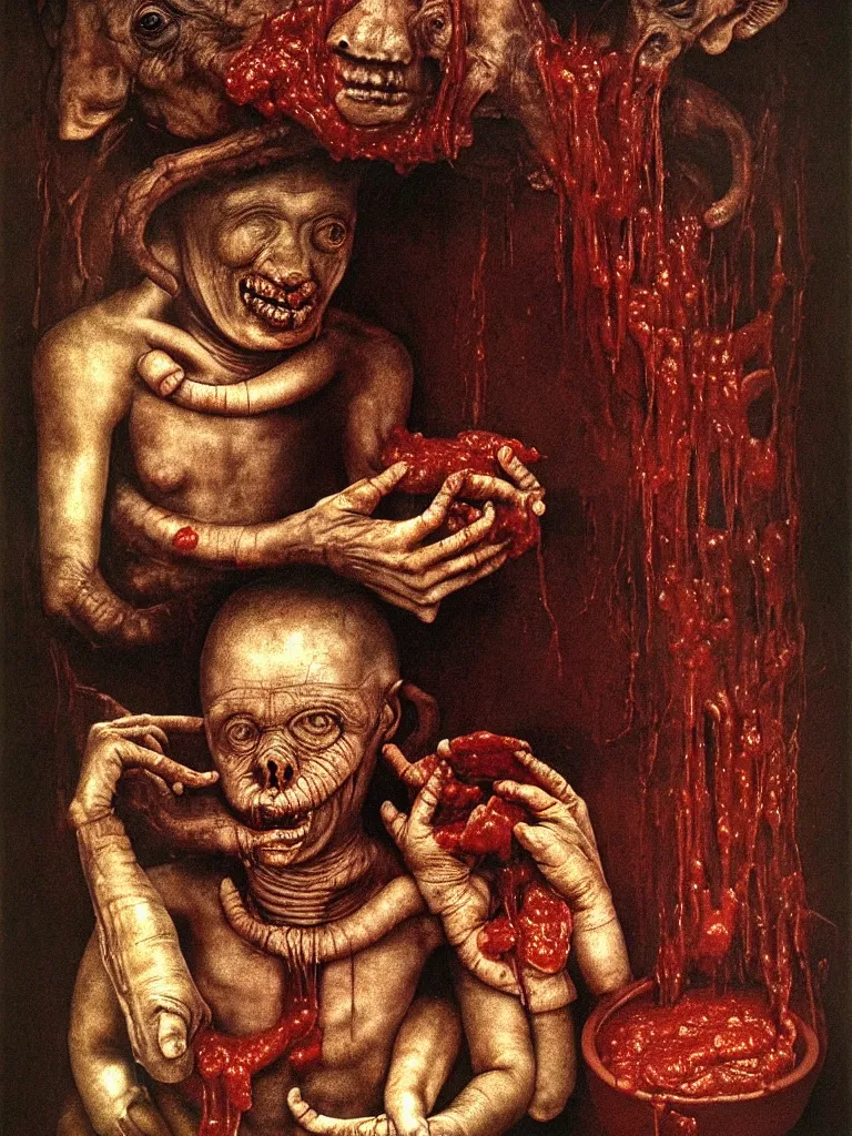 Prompt: a boy like eraserhead and elephant man sitting in a tub full of tomato sauce, inside an empty cathedral, looking straight into camera, screaming, by giuseppe arcimboldo and ambrosius benson, renaissance, a touch of beksinski and hr giger, realistic