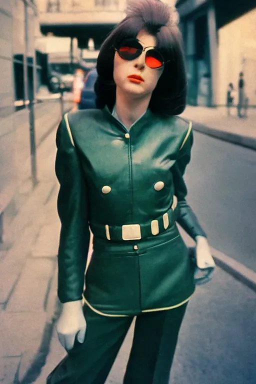 Prompt: ektachrome, 3 5 mm, highly detailed : incredibly realistic, perfect hair, beautiful three point perspective extreme closeup 3 / 4 portrait photo in style of chiaroscuro style 1 9 7 0 s frontiers in flight suit cosplay paris seinen manga street photography vogue fashion edition