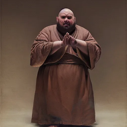 Image similar to fat wolf wearing a monk robes holding incense burner. natural lighting by ruan jia, portrait