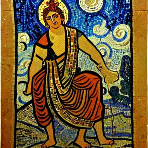 Image similar to a beautiful roman mosaic of the god krishna un the style of vincent van gogh