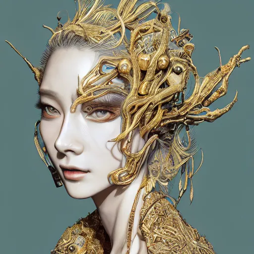 Prompt: the portrait of an absurdly beautiful, graceful, elegant, sophisticated, fashionable cyberpunk gravure idol, an ultrafine hyperdetailed illustration by kim jung gi, irakli nadar, hong june hyung, intricate linework, bright colors, porcelain skin, gold plated, unreal engine 5 highly rendered, global illumination, radiant light, detailed and intricate environment