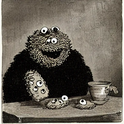 Prompt: cookie monster devouring his cookies, by francisco goya