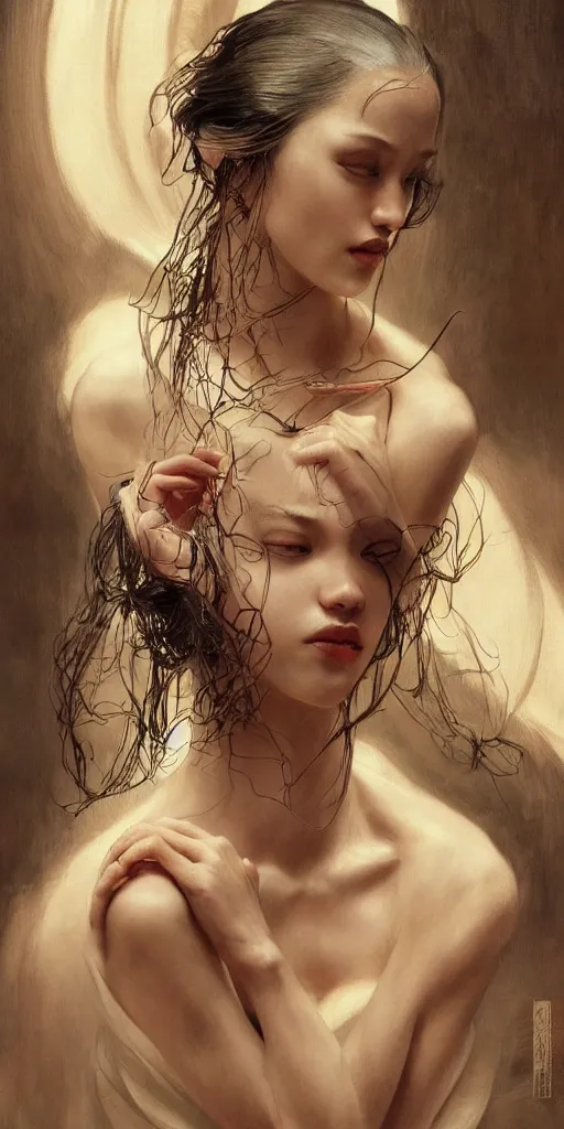 Image similar to Kiko Mizuhara, physically accurate, dramatic dynamic lighting, intricate, elegant, highly detailed, digital painting, artstation, very hyperrealistic, HR GIGER, Hieronymus Bosch, Francis Bacon, concept art, smooth, sharp focus, illustration, art by artgerm and greg rutkowski and alphonse mucha