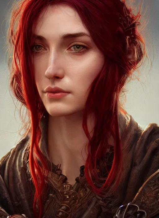 Image similar to vertical portrait of a ruggedly handsome female cleric, soft hair, close - up face, leather, witchy, d & d, fantasy, intricate, elegant, highly detailed, digital painting, artstation, concept art, smooth, sharp focus, illustration, art by artgerm and greg rutkowski and alphonse mucha, plain red background