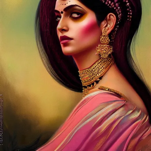 Image similar to side portrait of a beautiful Desi queen of tigers, pink and gold, by Anato Finnstark, Tom Bagshaw, Brom