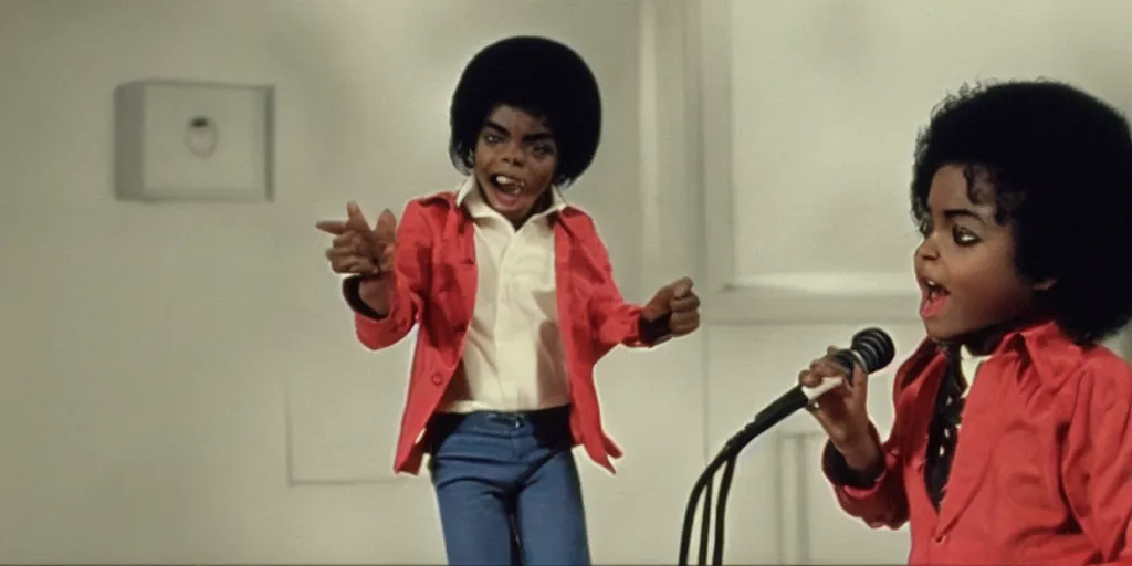 Prompt: Michael Jackson in 1972 as a small black child singing in a retro vintage 1970s television show in old soulful clothing, solo, alone, standing by himself , 1 person, ultra realistic, 4K, movie still, UHD, sharp, detailed, cinematic, render, modern