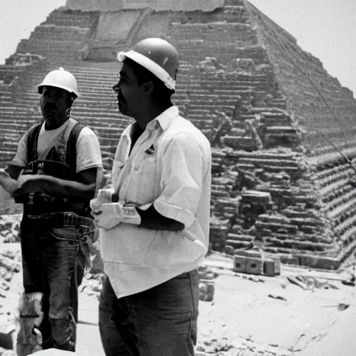 Prompt: a rare candid photograph of an egyptian engineer and a construction worker talking at the early construction of the khufu pyramid, dslr high resolution