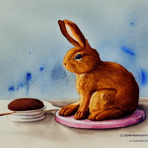 Prompt: a rabbit baking a chocolate cake, realistic watercolour