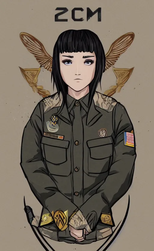 Prompt: patch design, portrait of soldier girl, 2022 anime style, clean logo, tattoo graphics, flight squadron insignia, soldier clothing, realistic military gear, inspired by shirt designer, draw with wacom tablet, round elements, vector line art, by ilya kuvshinov, trending on pixiv, symbology, realistic human anatomy, high resolution, matte, empty hands, realistic military carrier