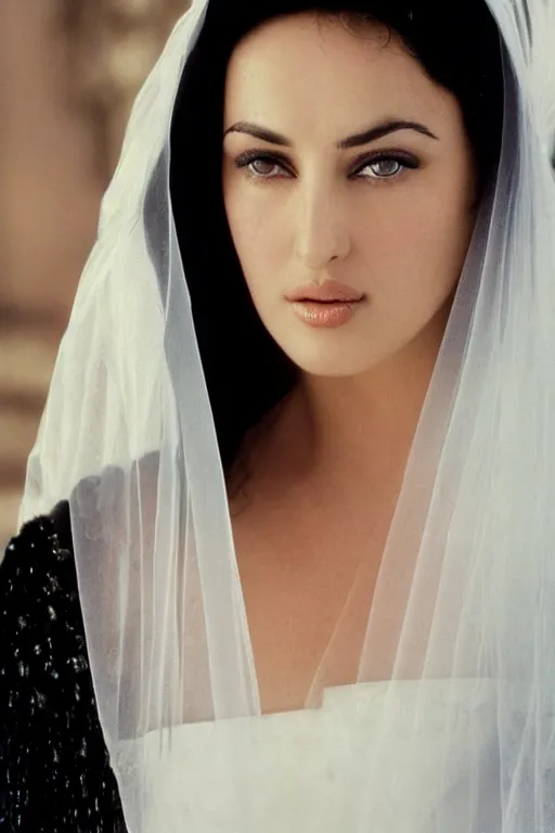 Prompt: young arab Monica Bellucci, blue eyes, long wavy black hair, white veil, closeup, focus, colored