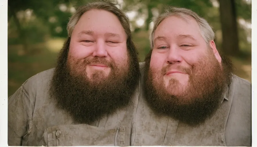 Image similar to far view, extremely fat obese mitch mcconnell with long beard, wearing dirty overalls, dirty greasy face, grin, portrait, close up, kodak gold 2 0 0, 5 0 mm,