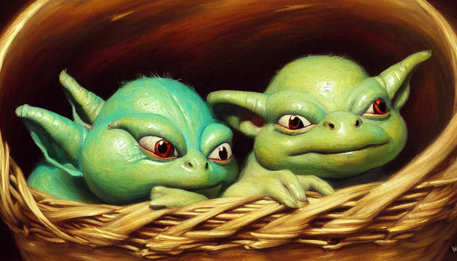 Image similar to highly detailed painting of boglins cuddling up in a basket by william turner, thick brush strokes and visible paint layers, 4 k resolution