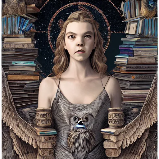 Image similar to a portrait of a older anya taylor - joy as the goddess minerva surrounded by stacks of books, owls, bioluminescent gown with deep level of detail of esoteric symbols, urban motifs, intricate, elegant, highly detailed, digital painting, trending on artstation, smooth sharp focus, illustration, art by artgerm and greg rutkowski