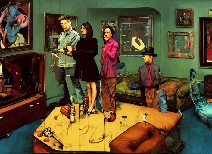 Prompt: a still from the tv series friends by francis bacon, surreal forest, norman rockwell and james jean, greg hildebrandt, and mark brooks, triadic color scheme, by greg rutkowski, in the style of francis bacon and syd mead and edward hopper and norman rockwell and beksinski, dark surrealism, open ceiling