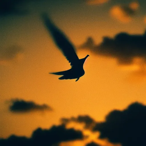 Image similar to Realistic shot of a dove flying over the clouds at sunset, ethereal, vintage photograph, film grain, surreal, awe-inspiring, highly detailed