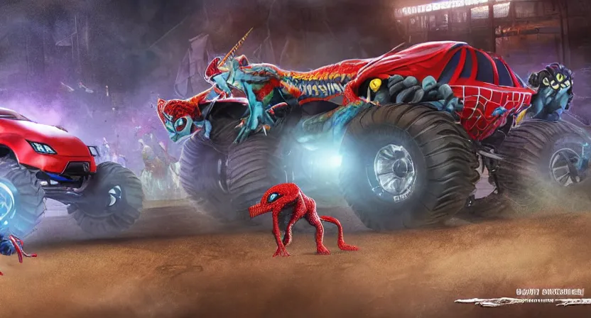 Image similar to a Unicorn monster truck and a Spiderman monster truck in an arena with cheering fans, concept art by Doug Chiang cinematic, realistic painting, high definition, digital art, symmetrical, very detailed, extremely high detail, photo realistic, concept art, unreal engine 5,