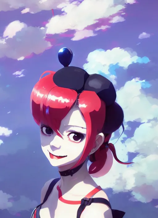 Prompt: portrait of cute anime harley quinn, cloudy sky background lush landscape illustration concept art anime key visual trending pixiv fanbox by wlop and greg rutkowski and makoto shinkai and studio ghibli