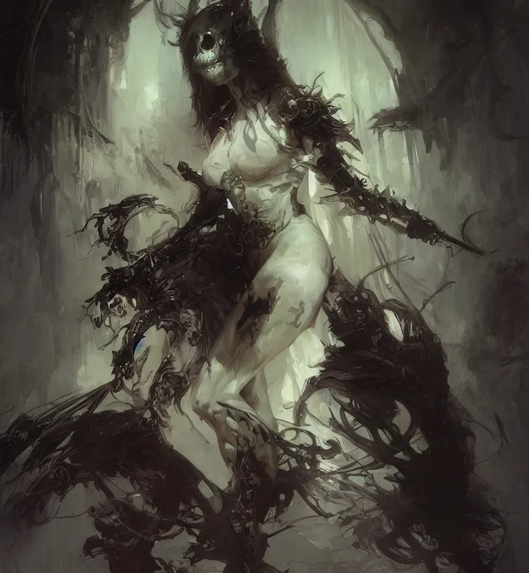 Image similar to a painting of death dealer, by jeremy mann, krenz cushart, artem demura, alphonse mucha, intricate, elegant, highly detailed, digital painting, artstation, concept art, smooth, sharp focus, illustration, art