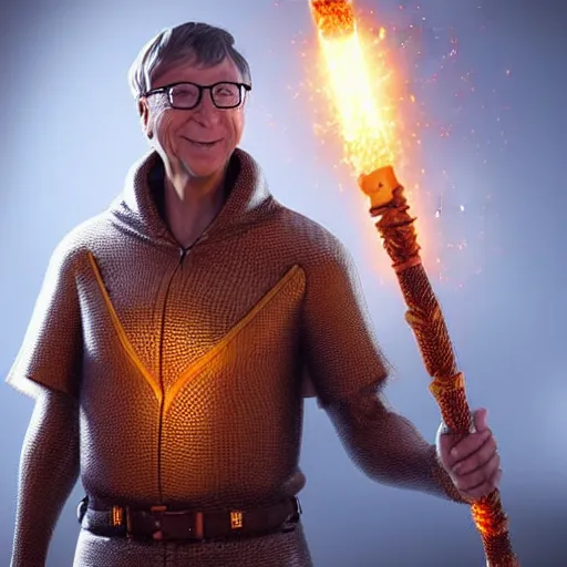 Prompt: Bill Gates wearing a chainmail tunic holding a glowing fire magical staff. Trending on Artstation, octane render, ultra detailed, art by Ross tran